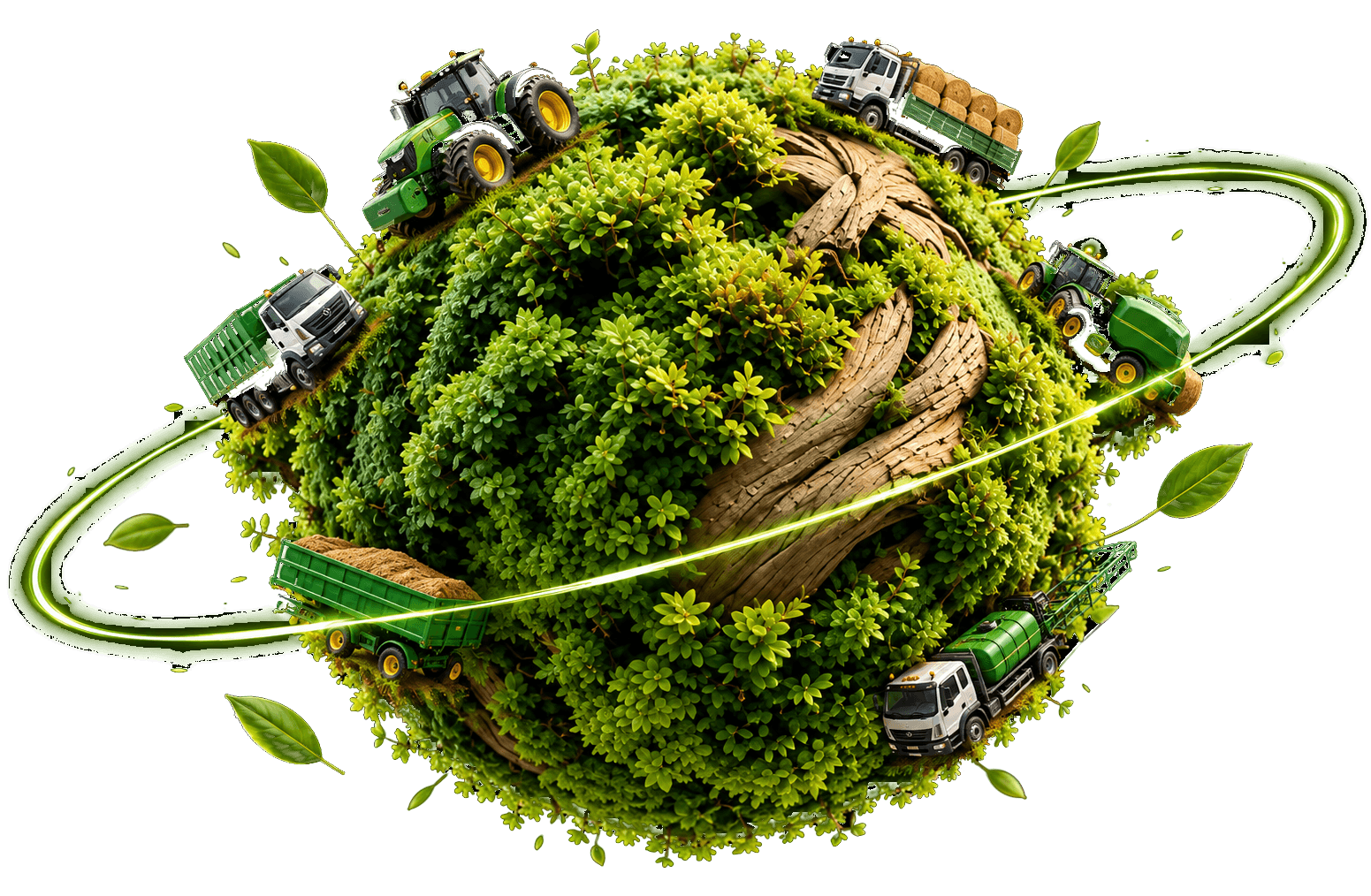 Un globe de mousse entouré d'un anneau vert, avec des tracteurs, des camions et des remorques qui en font le tour